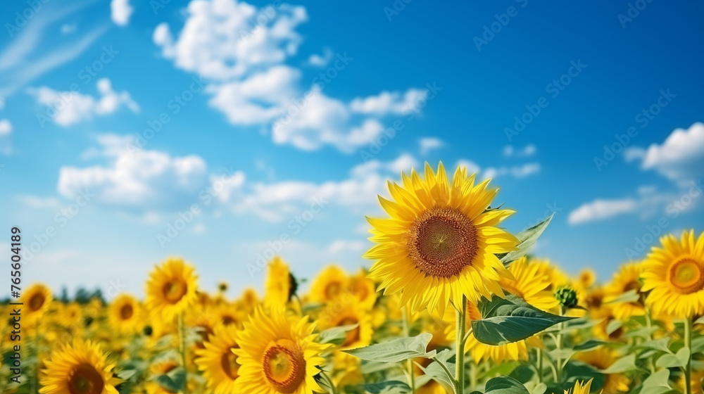 Sunflower field with cloudy blue sky