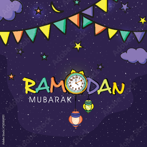 Creative greeting card design with stylish text Ramadan Mubarak with arabic lamp and clock.