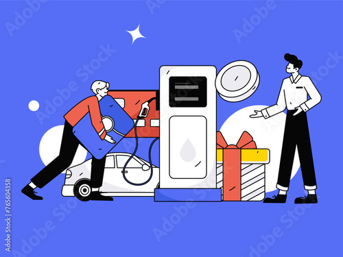 Vector Internet operation hand-drawn illustration of people getting discounts for refueling their cars
