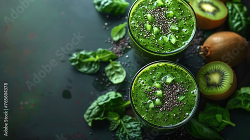 Two glasses of green smoothie with kiwi, spinach, and chia seeds on a dark background. © amixstudio