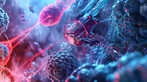 View of a nanobot interacting with human cells, depicting the application of nanotechnology in medicine. photo