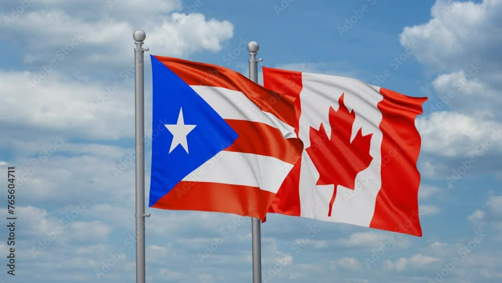 Canada and Puerto Rico two flags waving together, looped video, two country cooperation concept Canada and Puerto Rico two flags waving together, looped video, two country cooperation concept