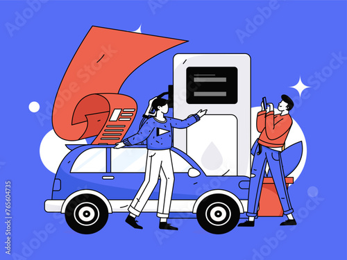 Vector Internet operation hand-drawn illustration of people getting discounts for refueling their cars
