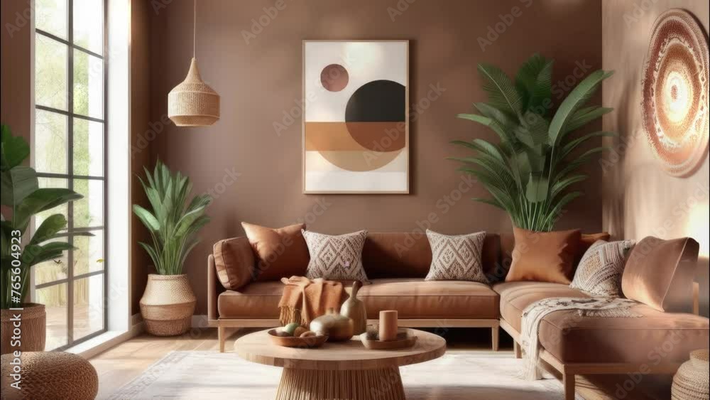 3D rendering. Cozy home interior with wooden furniture on a brown background, blank wall mockup with boho decor.