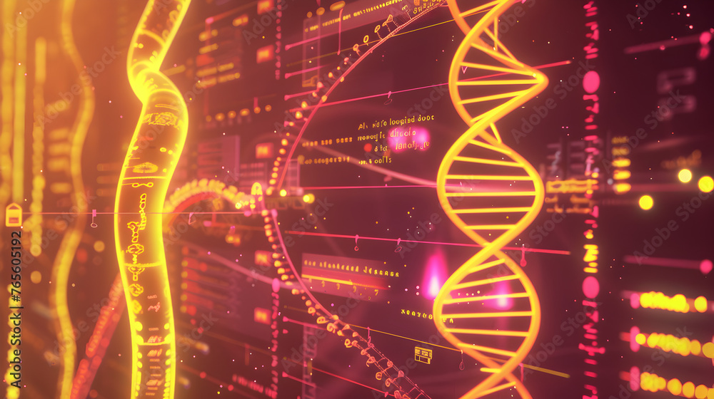 Interface of a biotech software, analyzing and visualizing DNA sequences on a digital platform.In yellow and pink, The background features a dynamic array of genetic data.