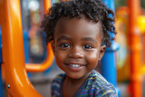 portrait of a happy black child preschooler boy kid on a playground in summer