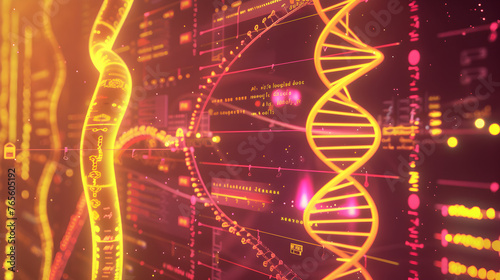 Interface of a biotech software, analyzing and visualizing DNA sequences on a digital platform.In yellow and pink, The background features a dynamic array of genetic data.