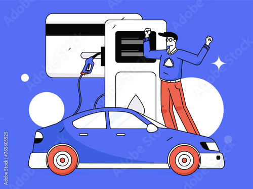 Vector Internet operation hand-drawn illustration of people getting discounts for refueling their cars
