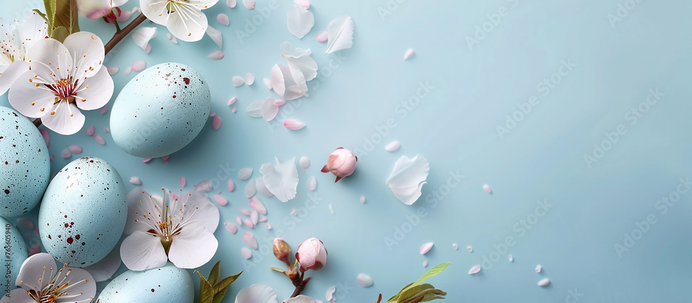 Happy Easter banner with easter eggs in nest and spring flowers. Blue Easter background with copy space. Flat lay,easter banner,happy easter background