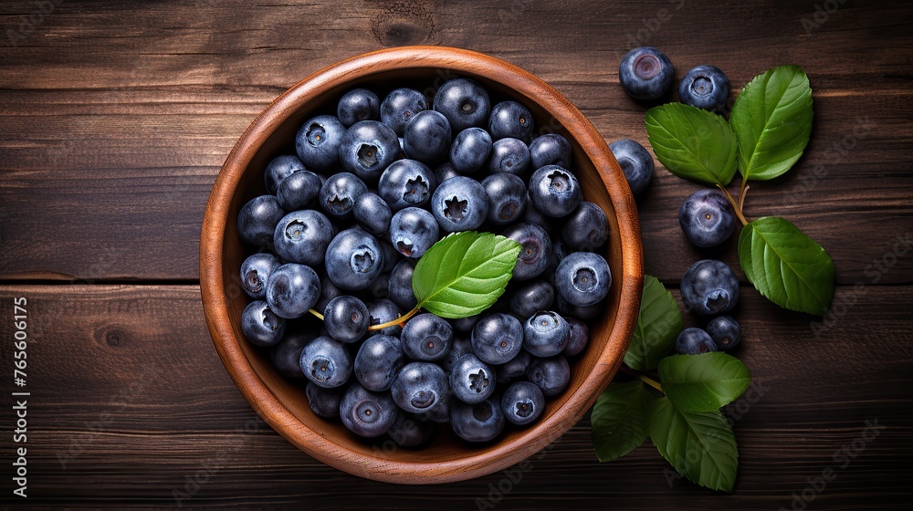 Closeup of ripe blueberries and leaves in a wooden bowl, isolated on wooden table background, top view. Closeup of ripe blueberries and leaves in a wooden bowl, isolated on wooden table background, top view.