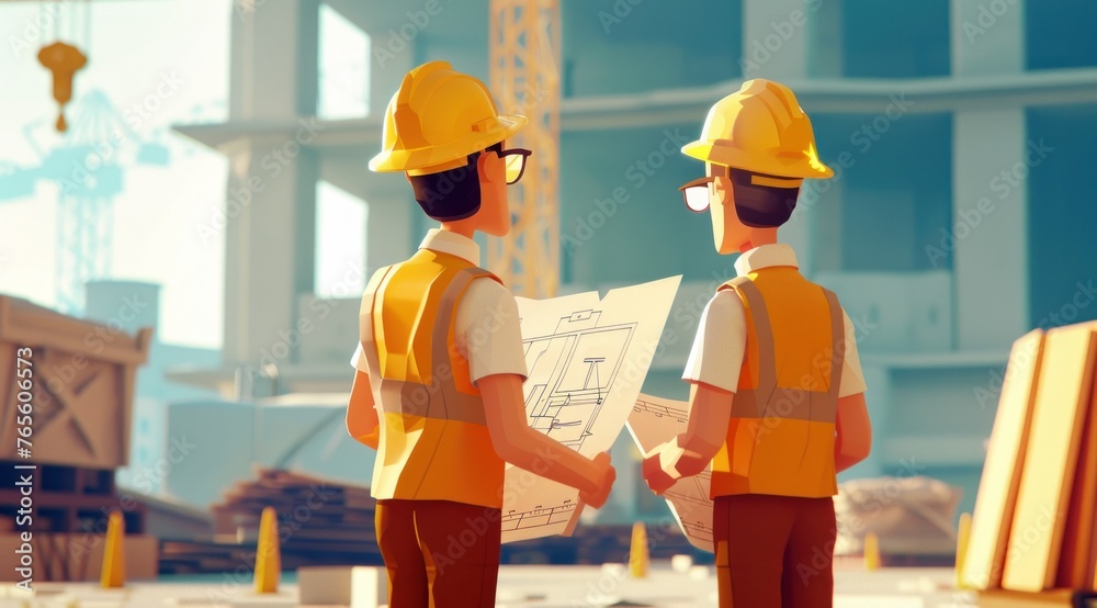 Personnages cartoon de deux architectes sur un chantier en construction, tenant des plans. - obrazy, fototapety, plakaty 