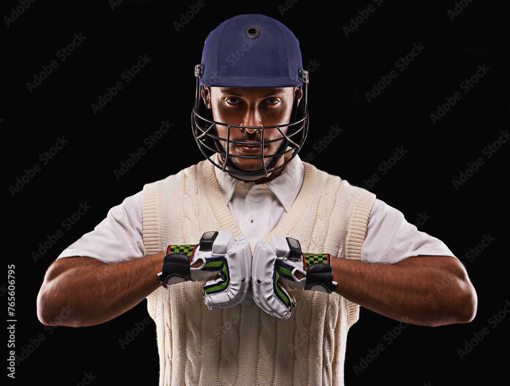 Man, portrait and cricket player with sports gloves in studio for professional competition, training or exercise. Male person, face and protection on black background, pitch gear or mockup space