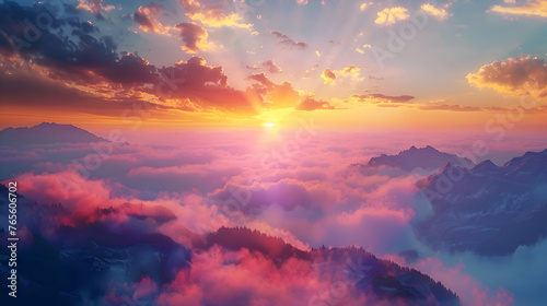 A colorful sunrise over a misty mountain range