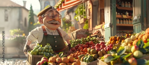 Personnage cartoon dans un marché de fruits et légumes dans un village.