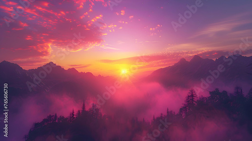A colorful sunrise over a misty mountain range #765606730