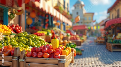 Une illustration d'un marché de fruits et légumes dans un village. photo