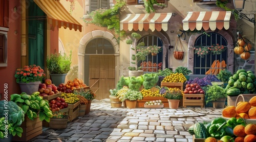 Une illustration d'un marché de fruits et légumes dans un village.