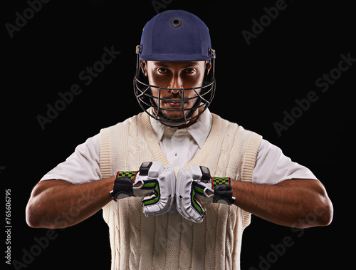 Man, portrait and cricket player with sports gloves in studio for professional competition, training or exercise. Male person, face and protection on black background, pitch gear or mockup space