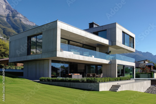A modern house with concrete walls, large windows and green grass in front. The view is from the side onto an open terrace © Kien
