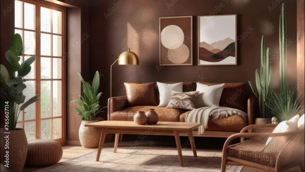 3D rendering. Cozy home interior with wooden furniture on a brown background, blank wall mockup with boho decor.