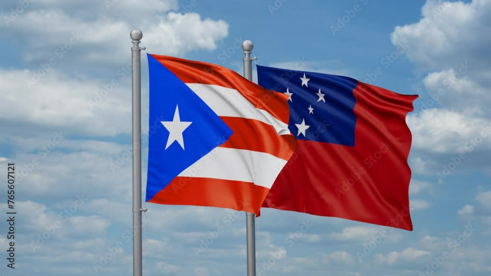 Samoa and Puerto Rico two flags waving together, looped video, two country cooperation concept Samoa and Puerto Rico two flags waving together, looped video, two country cooperation concept