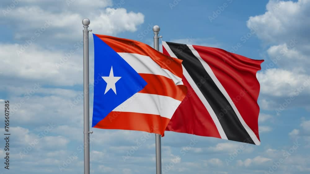 Trinidad and Tobago and Puerto Rico two flags waving together, looped video, two country cooperation concept Trinidad and Tobago and Puerto Rico two flags waving together, looped video, two country cooperation concept