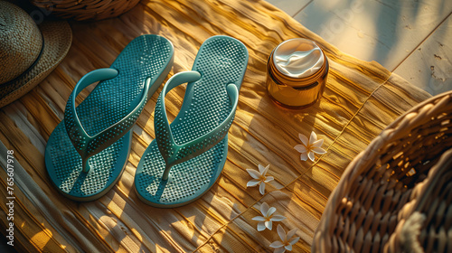 Summer concept with flip-flops, a straw hat, and a cream jar on a bamboo mat, warm sunlight casting a cozy glow.
