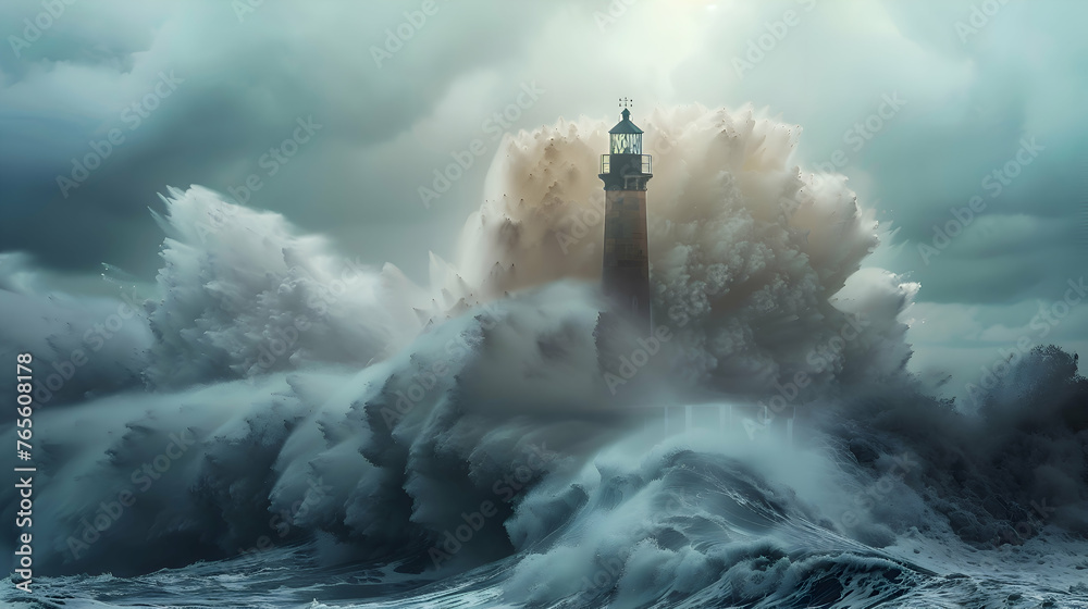 A lone lighthouse standing against crashing waves