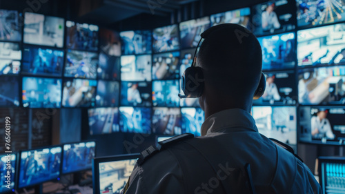 Security professional monitors multiple screens in a dimly lit surveillance room.