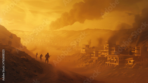 People on horseback journey through a futuristic, dystopian desert landscape. © VK Studio