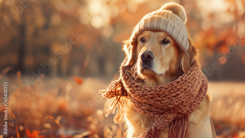 Adorable dog layered in scarf and hat enjoying a colorful autumn day.