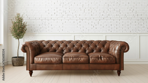 Classic Chesterfield Leather Sofa in a Traditional Living Room Setting. Elegant British Classic Interior with Tufted Leather Couch