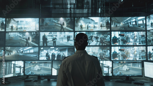 Watchful security guard monitoring multiple CCTV screens in a dim control room. photo