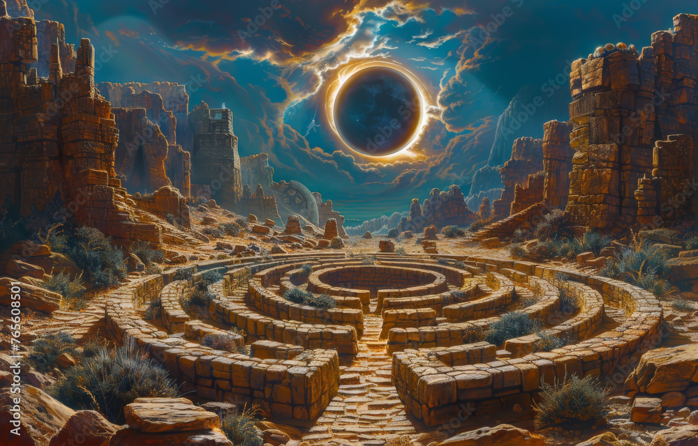 Solar eclipse casting shadow over an ancient stone labyrinth, celestial event, mystical journey,  unique hyper-realistic illustrations - obrazy, fototapety, plakaty 