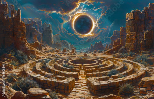 Solar eclipse casting shadow over an ancient stone labyrinth, celestial event, mystical journey, unique hyper-realistic illustrations