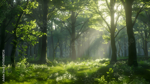 A lush green forest with sunbeams streaming through trees