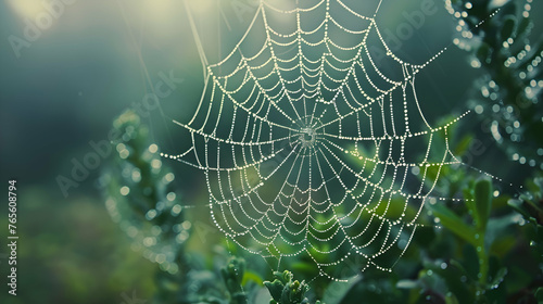 A macro shot of a delicate dew-covered spiderweb