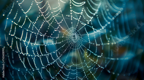 A macro shot of a delicate dew-covered spiderweb