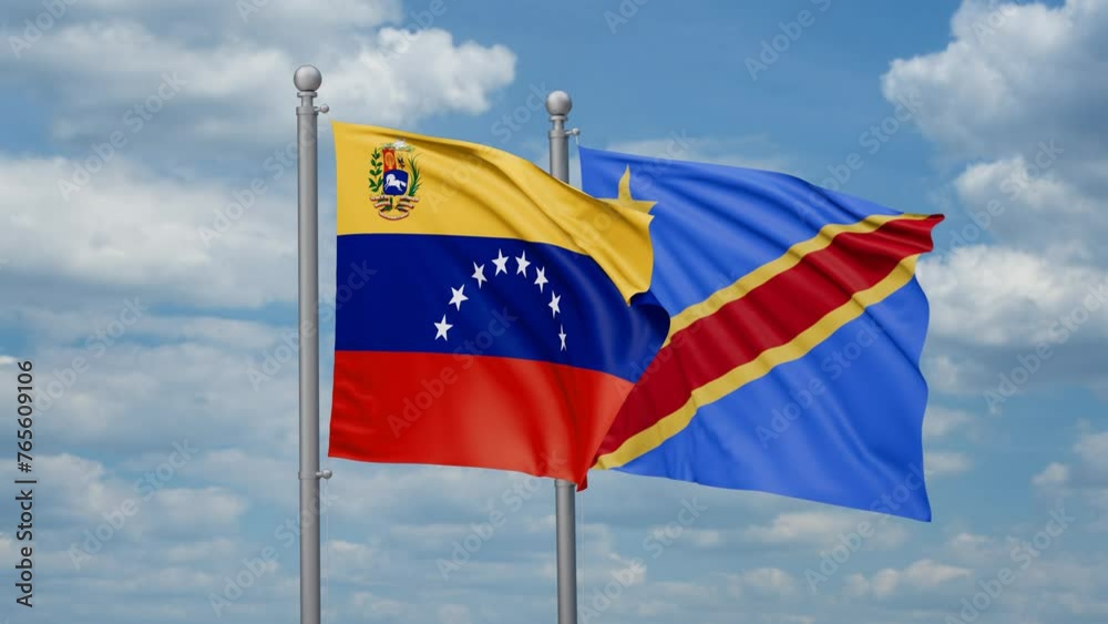 Democratic Republic of the Congo and Venezuela two flags waving together, looped video, two country relations concept