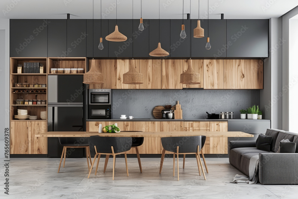 A modern kitchen with light gray walls, black cabinets and wooden dining table