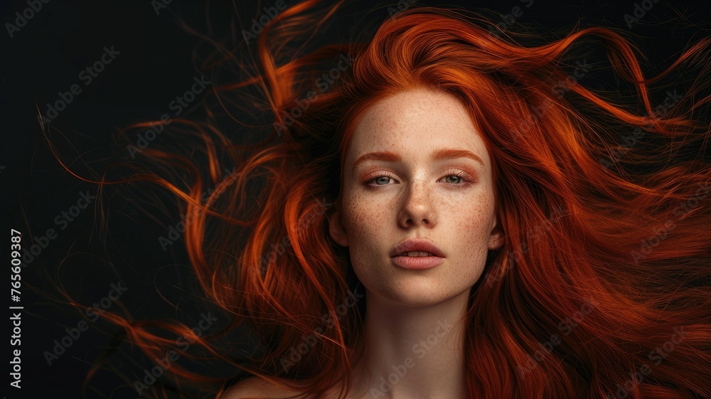 Fiery redhead with vivid hair in motion - A striking redhead with freckles and vivid hair captured in a dynamic state, conveying intensity and passion