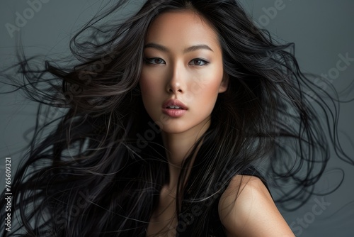 Dark-haired woman with dramatic hairstyle - Asian woman with luxurious dark hair cascading around her in an artistic fashion shot
