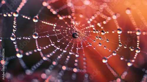 A macro shot of dewdrops on a spider's web
