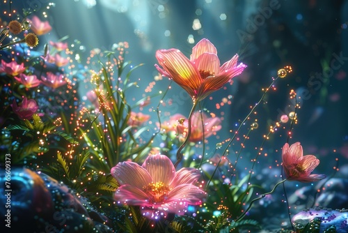 Enchanted glowing flowers in a mystical forest - A fantastical rendition of luminous flowers blooming amidst a magical forest, with light particles and ethereal glow