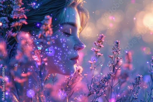 Floral scenery obscured by blurred square - A dreamy nature scene with flowers and sparkling lights, partially obscured by a blurred square in the foreground