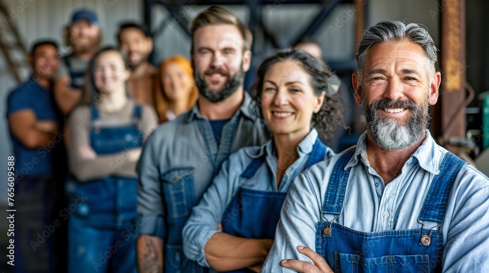 Obraz premium Diverse Team of Professionals Posing in Industrial Setting. Generative ai