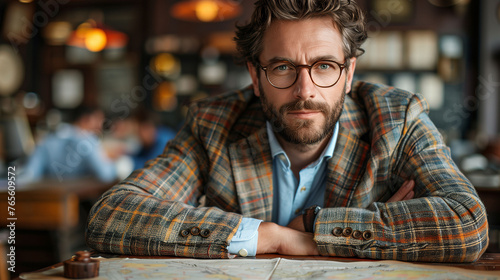 Confident mature man with glasses in a stylish blazer sitting at a cafe with a map on the table.
