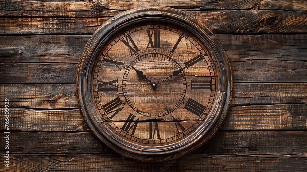 Wooden wall clock attached to an old wooden wall. 3d rendering background with copy space.