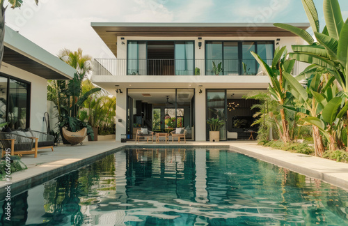 Modern minimalist villa with pool with plants and swimming pool in front of the house. Luxury home property for vacation or real estate for sale on tropical island near beach