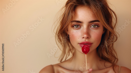 Portrait of a young woman with natural makeup holding a red lollipop, against a soft beige background.